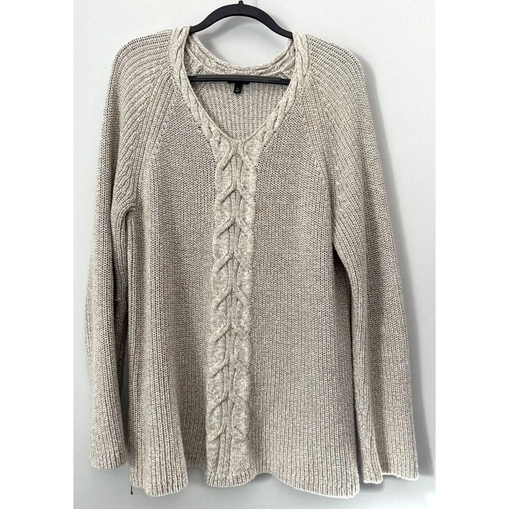 Talbots Sweater Extra Large Beige Chunky Knit V-Neck Zipper Sides 100% Cotton